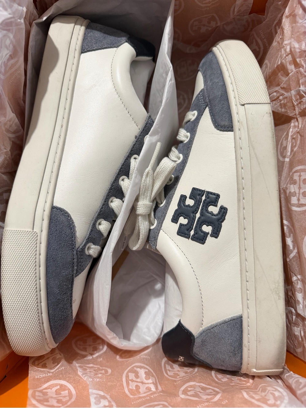 Tory Burch White Leather Sneakers with Gray Suede Trim